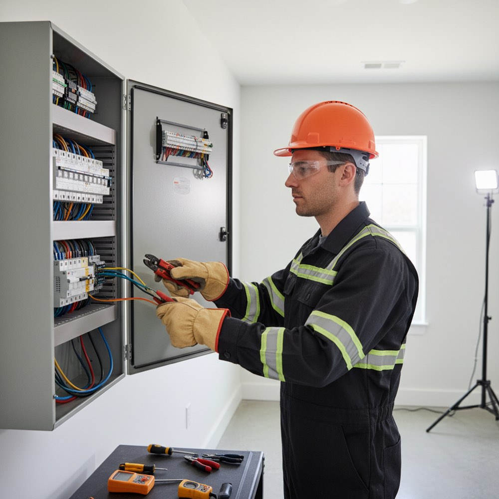 An electrician working on a residential job, illustrating electrical marketing columbus for US home service contractors