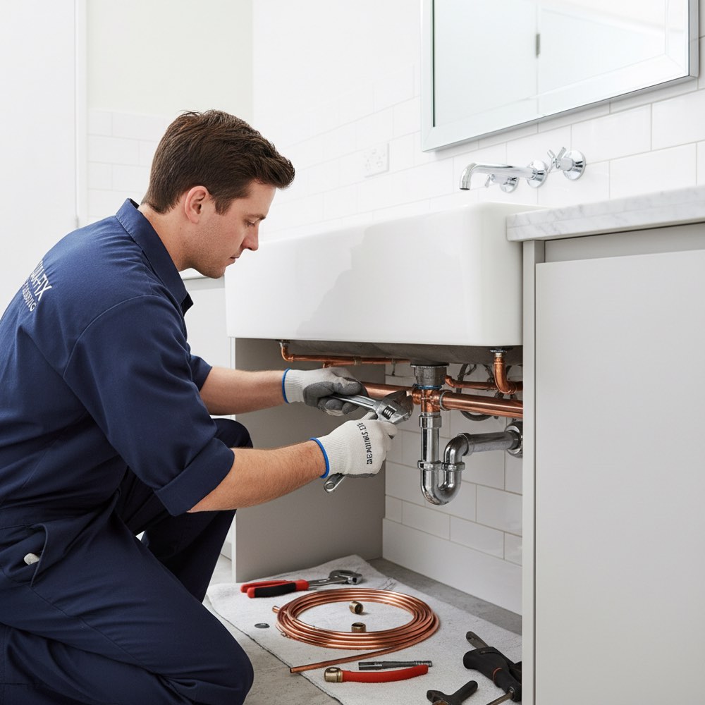 A plumber at work on a residential job, illustrating plumbing marketing for US home service contractors