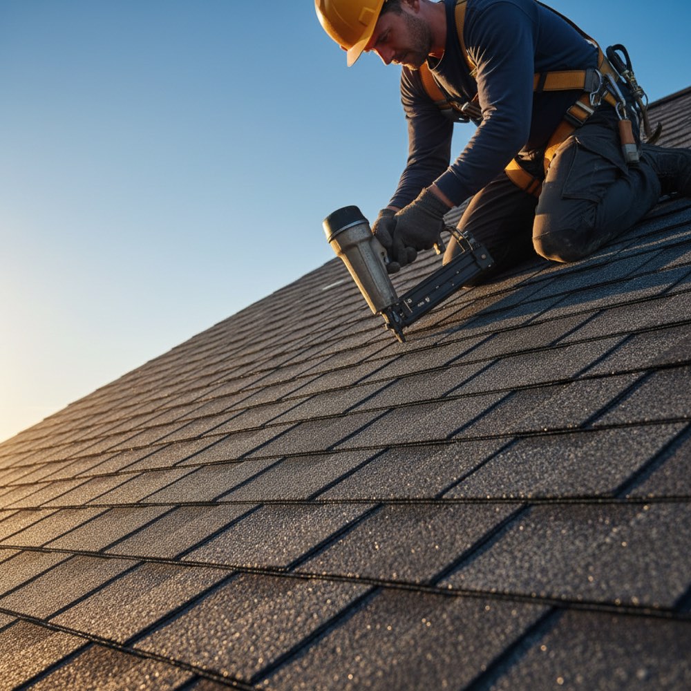 A roofer nailing shingles on a residential roof, illustrating roofing advertising for US home service contractors